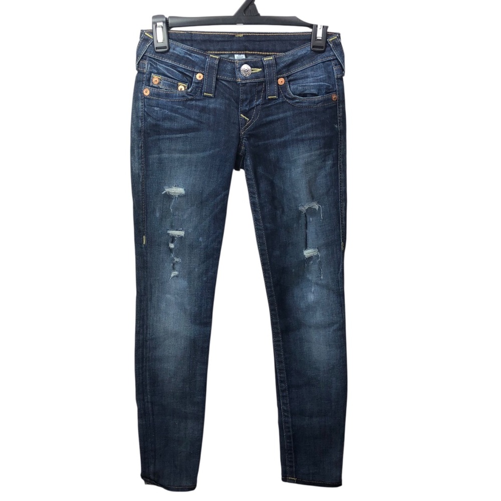 True Religion Women’s Low Rise Skinny jeans Sz 24 Distressed Dark Wash Retro